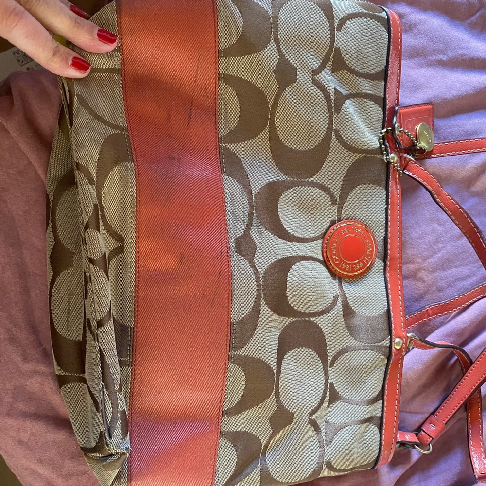 Coach Signature Pattern Shoulder Bag with Red Accents